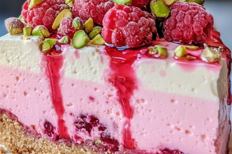 Elegant Pistachio Raspberry Crunch Cheesecake 