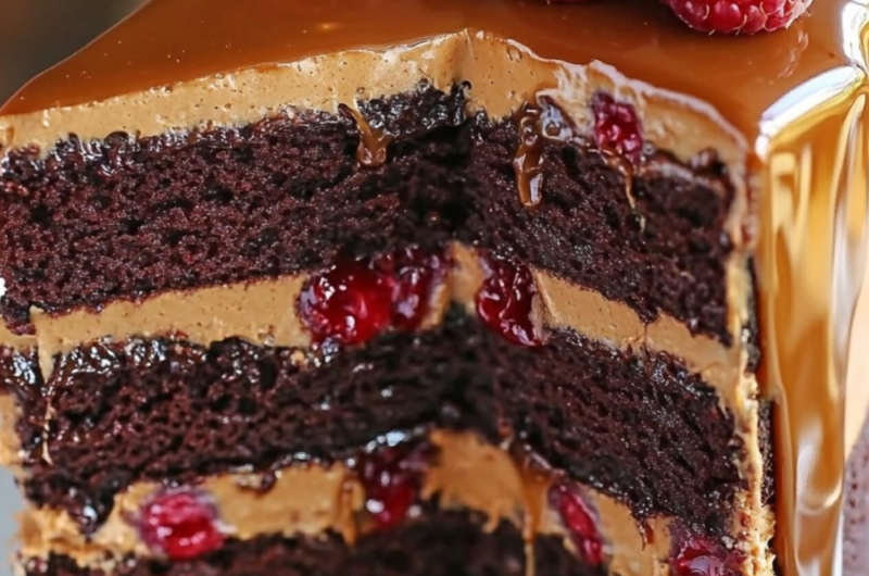 Chocolate Caramel Cream Raspberry Cake