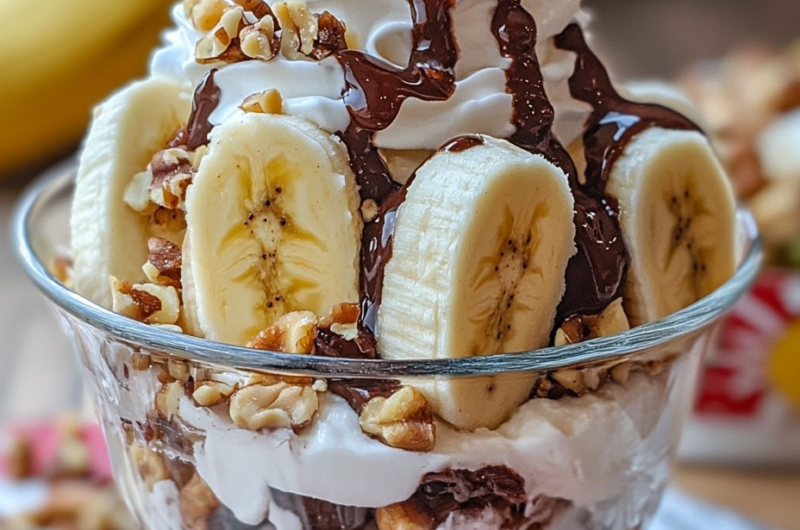 Ice Cream Sundae with Banana Split and Nuts 